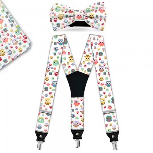 Set papion, batistă, bretele, model "Bufnițe Multicolore"